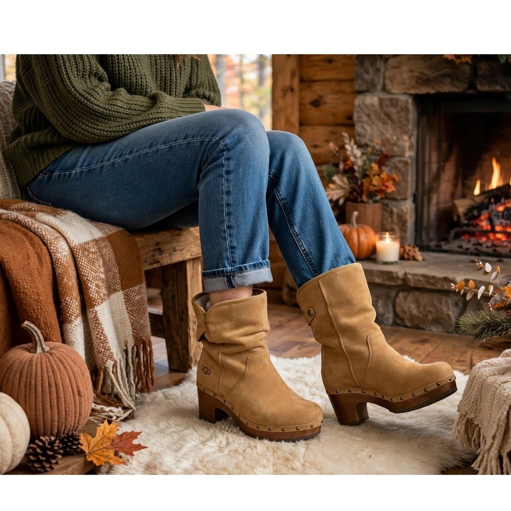 UGG Womens 7 Lynnea Mid Calf Clog Boots Tan Suede Shearling Wood Platform
